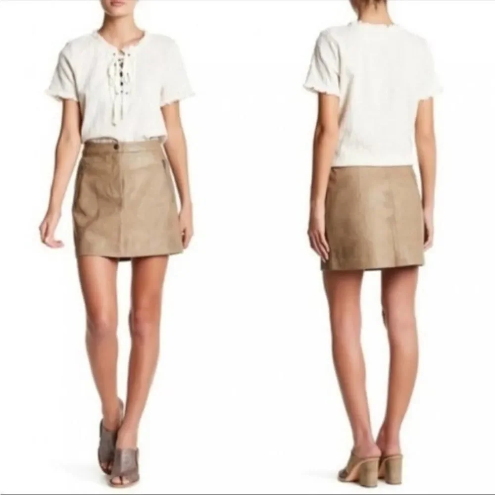 J.O.A Faux Leather Mini Skirt Khaki Tan Zipper Pockets Size S